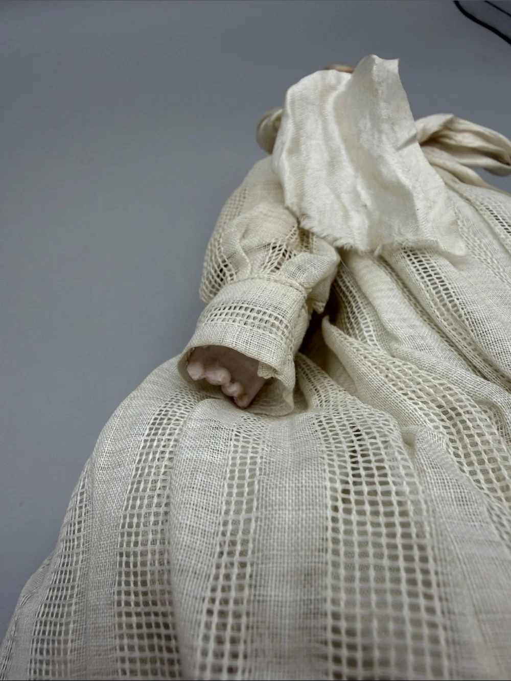 Antique Bisque Doll Cream Dress Crochet Doily Bonnet Silk Ribbon
